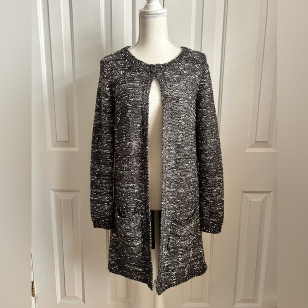 MEXX Women Knit Cardigan, Open-Front, Charcoal and White, Size Medium